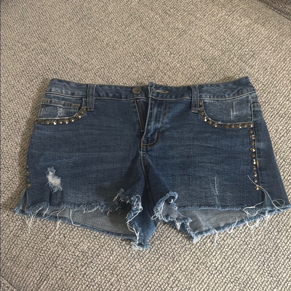Blue Distressed Jean Shorts with Frayed Hem